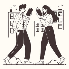 Young people are walking while reading a book. Book lovers, fans of literature. Concept of Book Week or World Book Day. Flat vector illustration isolated on white background.