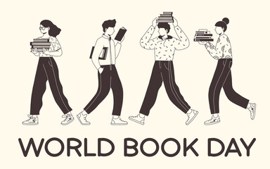 World Book Day. Collection of young people reading books. Book lovers, fans of literature. Flat vector illustration isolated on white background.