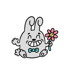 Funny cartoon character Bunny with flower. Vector illustration in doodle style isolated on a white background.