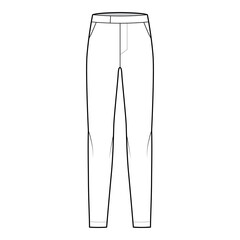 Pants cigarette technical fashion illustration with extended low waist, rise, full length, slant slashed pockets. Flat bottom trousers apparel template front, white color. Women men unisex CAD mockup