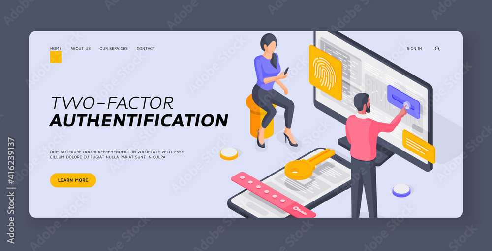 Wall mural couple using duo authentication on devices isometric vector illustration. banner template
