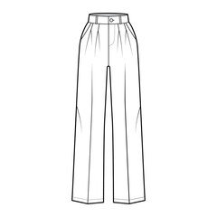 Pants tailored technical fashion illustration with extended normal waist, rise, full length, slant, flap pockets, double pleat, belt loops. Flat template front, white color. Women men CAD mockup