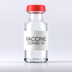 Coronavirus vaccine. Glass bottle, vial, packaging with medicine against Covid-19. 3d illustration.
