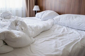 Unmade double bed with white linen in the morning