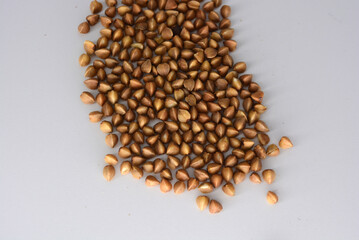 Fresh cereals, brown buckwheat risen in plastic container and white background with interesting...