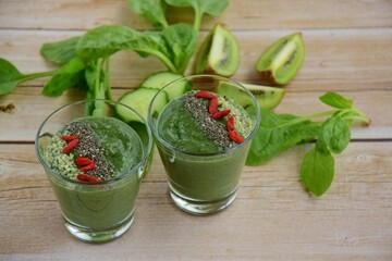 Spirulina green smoothie with goji berry, spinach, chia seed and hemp seed