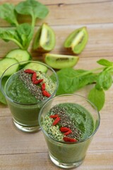 Spirulina green smoothie with goji berry, spinach, chia seed and hemp seed