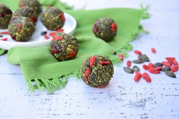 Spirulina goji berry energy balls. Vegan snacks