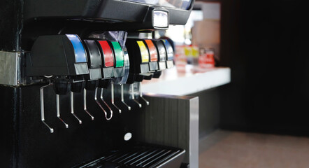 soda beverage machine on fast food restaurant - obrazy, fototapety, plakaty