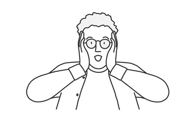 Surprised man with glasses holding his head with his hands. Hand drawn vector illustration.