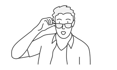 Young man with looking taking off glasses. Surprised guy. Hand drawn vector illustration.