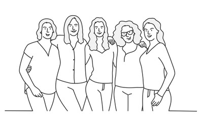 Five young girls are embracing. Hand drawn vector illustration.