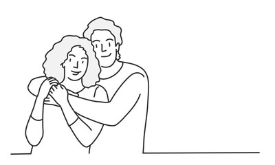 Happy couple embracing. Man and woman smiling in front of the camera. Hand drawn vector illustration.