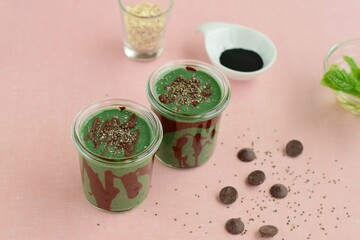 Spirulina mint smoothie with chocolate and chia seeds. 