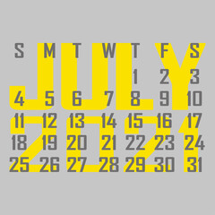 Letter calendar for July 2021. The week begins on Sunday. Time, planning and schedule concept. Flat design. Removable calendar for the month. Vector