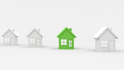 Green house among white houses. Hunting and searching concept. 3D Rendering

