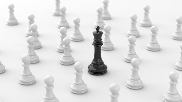 Leadership concept, black king of chess, standing out from the crowd of white pawns, on white background. 3D Rendering	
