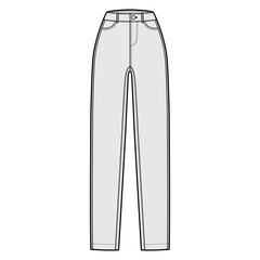 Skinny Jeans Denim pants technical fashion illustration with full length, normal waist, high rise, coin, angled 5 pockets, Rivets. Flat bottom template front grey color style. Women, unisex CAD mockup