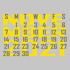 Letter calendar for November 2021. The week begins on Sunday. Time, planning and schedule concept. Flat design. Removable calendar for the month. Vector