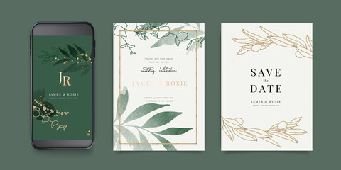 Fototapeta na wymiar Luxury Green Social Media, mobile Wedding invite frame templates. Vector background. Invitation mobile Floral with golden collage layout design.