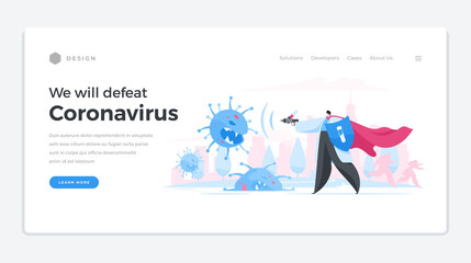 Doctor with shield kills coronavirus bacteria vector landing page banner