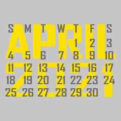 Letter calendar for April 2021. The week begins on Sunday. Time, planning and schedule concept. Flat design. Removable calendar for the month. Vector