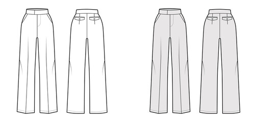 Pants tailored technical fashion illustration with extended normal waist, high rise, full length, slant pockets. Flat trousers apparel template front back white grey color. Women men unisex CAD mockup