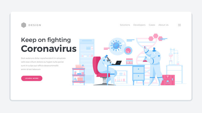 Biochemical development of coronavirus vaccine home page vector banner. Scientific fight against pandemic.