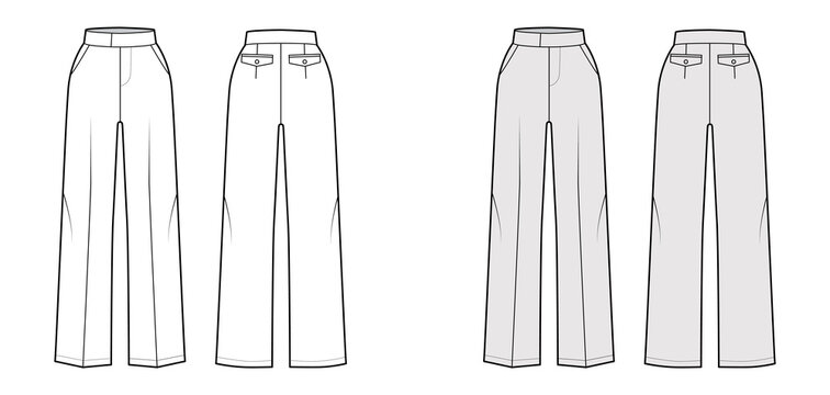 Pants tailored technical fashion illustration with extended normal waist, high rise, full length, slant pockets. Flat trousers apparel template front back white grey color. Women men unisex CAD mockup
