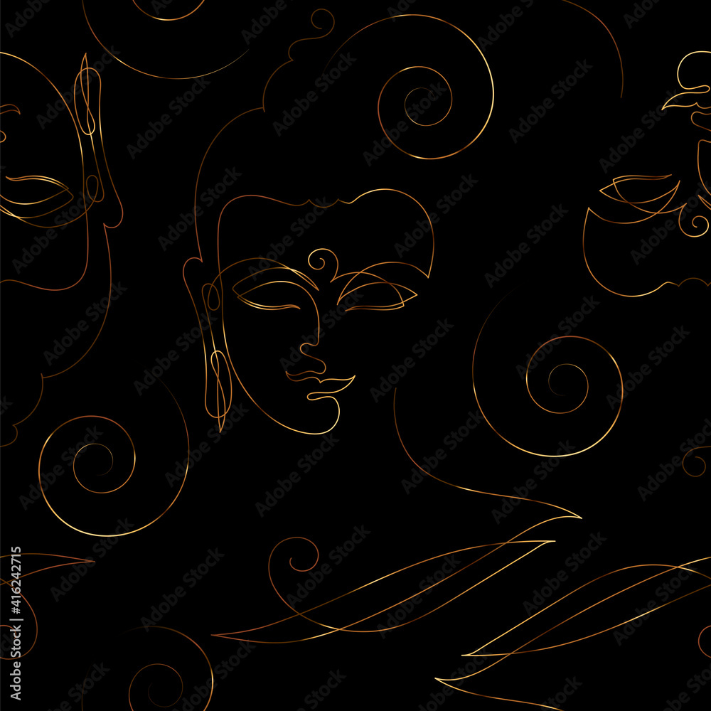 Wall mural One continuous line drawing Buddha. The symbol of Hinduism, Buddhism, spirituality and enlightenment. Seamless background for yoga, illustration, printing on fabric