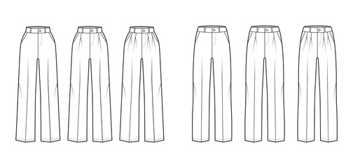 Set of Pants tailored technical fashion illustration with normal low waist, high rise, full length, slant slashed pockets. Flat trousers apparel template front white color. Women men unisex CAD mockup