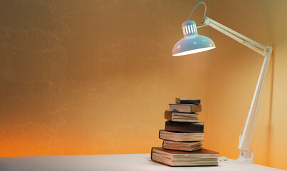 Concept of studying from home. Interior view of a table, a lamp, and some old books. Concept of knowledge.