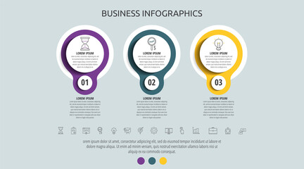 Circles vector line infographic with 3 step, icons. Timeline used for diagram, chart, web, banner, flowchart, info graph, content, levels, chart, processes diagram