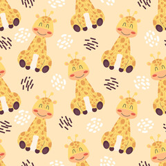 Cute baby seamless pattern with giraffe. Flat vector illustration for fabric, wallpaper and wrapping paper