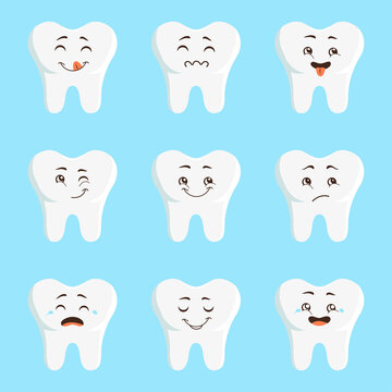 Cute teeth with different emotions set. Personage for children dentistry. Cartoon vector Illustrations.