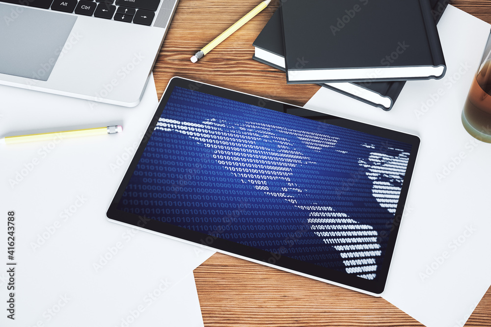 Poster Top view of modern digital tablet monitor with America map, research and strategy concept. 3D Rendering