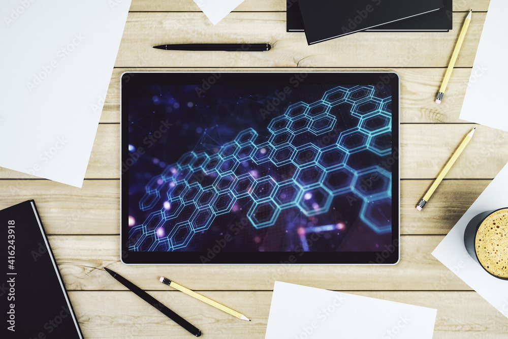 Poster creative abstract technology sketch with hexagon grid on modern digital tablet screen, future techno