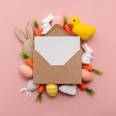 Easter blank card and envelope with easter bunny and eggs