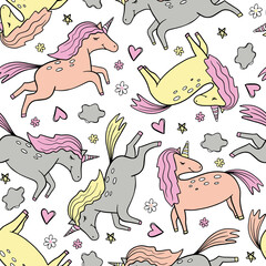 Childish vector seamless pattern with unicorns. Creative nursery background. Perfect for kids design, fabric, wrapping, wallpaper, textile, apparel