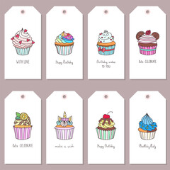 Set of birthday template. Set of gift tags with hand drawn illustration of cupcakes decorated with cream, donut, cherry, hearts, unicorn horn ets. Vector 10 EPS.