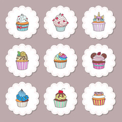 Set of cupcake toppers. Set of cupcake toppers for party with hand drawn illustration of cupcakes decorated with cream, donut, cherry, hearts, unicorn horn ets. Vector 10 EPS.