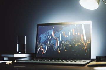 Modern computer display with abstract financial graph with world map, financial and trading concept. 3D Rendering