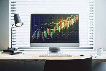 Modern computer monitor with abstract creative financial chart, research and strategy concept. 3D Rendering