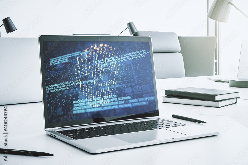 Poster Creative code skull sketch on modern laptop monitor, theft of personal data and malware concept. 3D Rendering