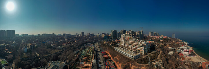 Fototapeta premium Spextacular panorama of Arcadiya in Odessa Ukraine. Drone footage, winter time, natural light.