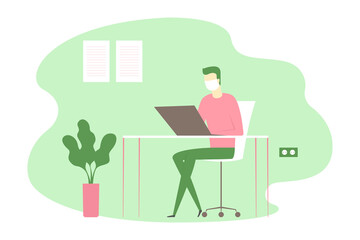 Man in medical mask sitting at desk and working on laptop. Vector illustration.