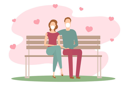 Lovers in masks sitting on bench. Vector illustration.