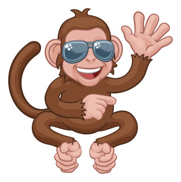 A monkey cute happy cool cartoon character animal wearing sunglasses waving and pointing