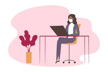 African woman in mask sitting at desk and working on laptop. Vector illustration.