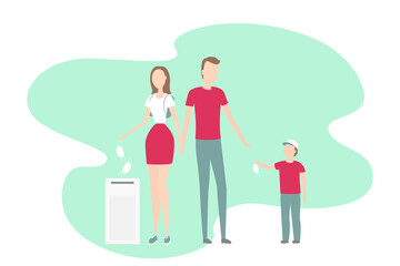 Family take off and throw out medical masks. Vector illustration.